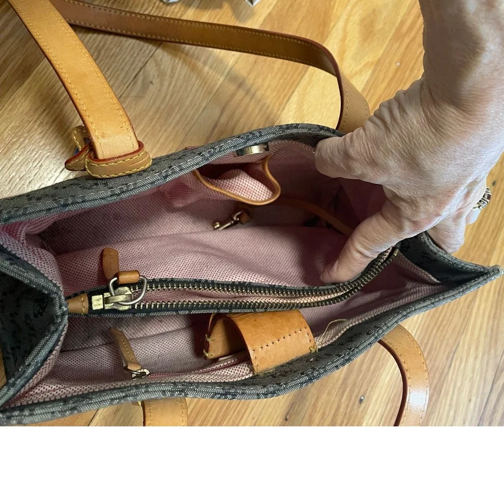 Dooney & Bourke Gray Canvas East/West Shopper Monogram‎ Tote Bag Tan Leather EUC